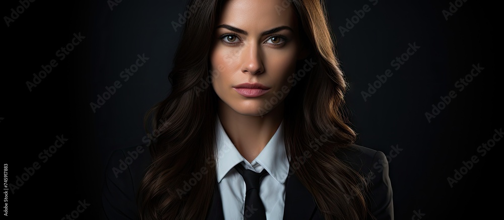 Confident Businesswoman in Black Suit Posing Elegantly for Professional Photoshoot