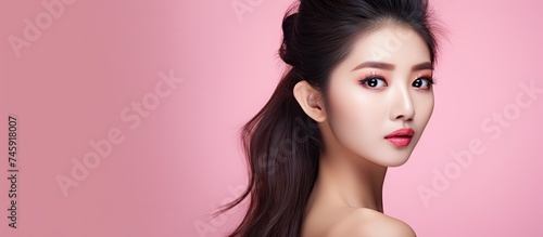 Asian Female Beauty Portrait with Pink Eyes and Elegant Hairstyle on Isolated Background