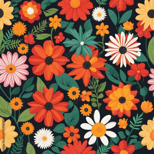 Floral Pattern in Flat Style with a Variety of Colorful Flowers