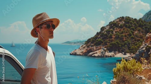 Travel banner. Young man traveler in a hat standing near his car during summer holiday on the sea. Road trip on vacation.  © Ilmi