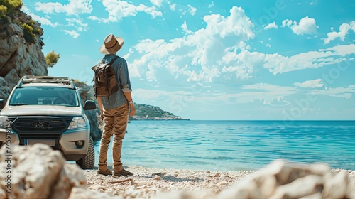 Travel banner. Young man traveler in a hat standing near his car during summer holiday on the sea. Road trip on vacation.  photo
