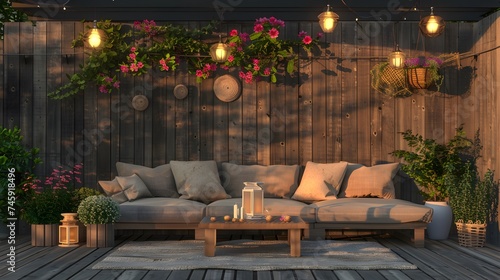 Terrace house with plants, wooden wall and table, comfortable sofa with pillows, flowers and lanterns. Cozy space in patio. Wooden verande with garden furniture. Modern lounge outdoors in backyard, photo