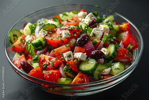 Greek Salad on a black background - Top view of Traditional Greek Cuisine. Concept Food Photography, Greek Salad, Traditional Cuisine, Top View, Black Background