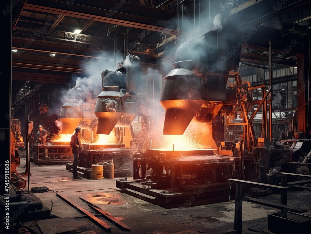 A spacious and brightly lit modern metal production workshop featuring a variety of advanced machinery and equipment, with workers busy at various stations. A spacious and brightly lit modern metal production workshop featuring a variety of advanced machinery and equipment, with workers busy at various stations.