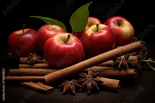 Red apples with cinnamon sticks and star anise on dark wooden background