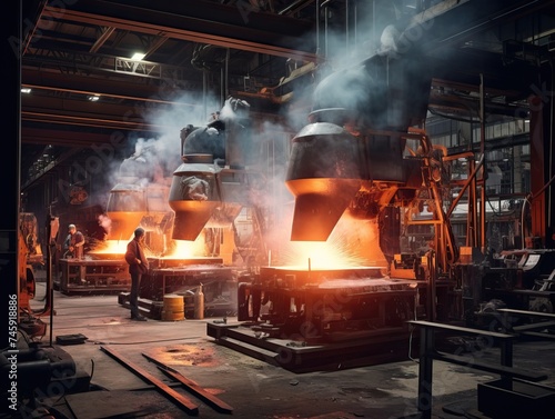 A spacious and brightly lit modern metal production workshop featuring a variety of advanced machinery and equipment  with workers busy at various stations.