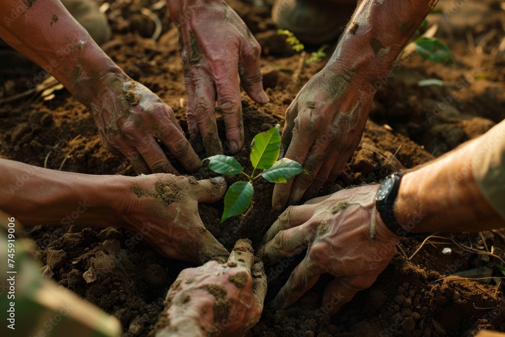 Multiple hands planting a sapling in soil Multiple hands planting a sapling in soil