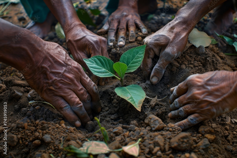 Multiple hands planting a sapling in soil Multiple hands planting a sapling in soil