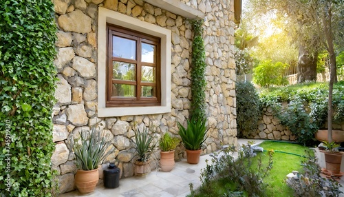 A beautiful window in the stone wall of a country house. Below: some green plants.