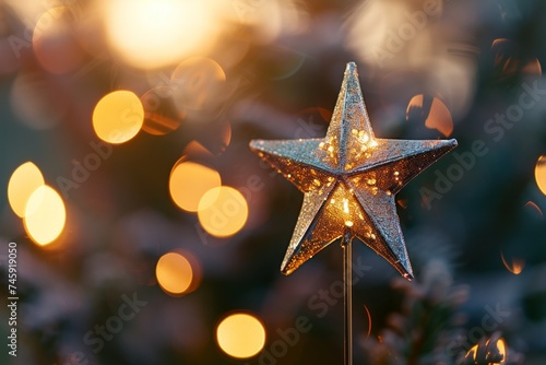 Trophy with a star shape in front of a bokeh light background.