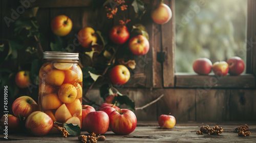 Canned apples. Jar with canned apples and fresh. photo