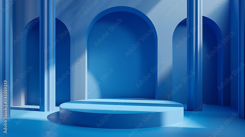 Blue podium background, Abstract scene for products, Mockup product display, Stage showcase, Studio geometric scene, 3D Rendering. Generative Ai Blue podium background, Abstract scene for products, Mockup product display, Stage showcase, Studio geometric scene, 3D Rendering. Generative Ai