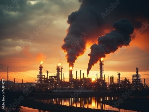 A modern oil refinery facility with large processing units, pipelines, and storage tanks, involved in the complex process of refining petroleum products such as gasoline, diesel, and jet fuel.