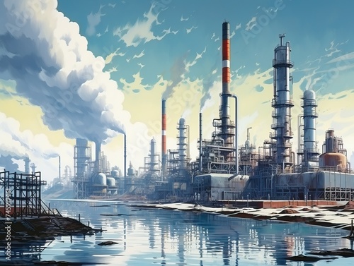 A modern oil refinery facility with large processing units, pipelines, and storage tanks, involved in the complex process of refining petroleum products such as gasoline, diesel, and jet fuel.