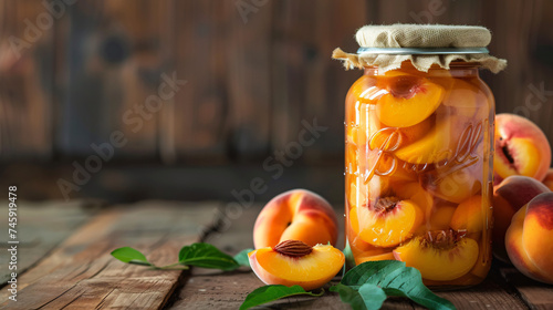 Canned peaches. Jar with canned peaches and fresh. photo