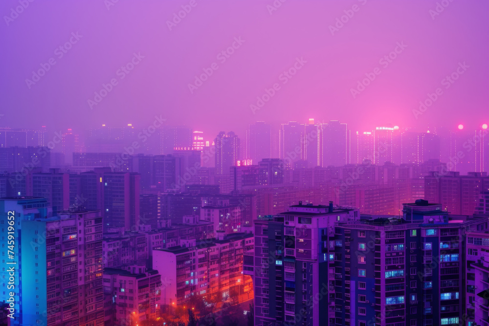 A cityscape in purple and pink lit up at dusk.