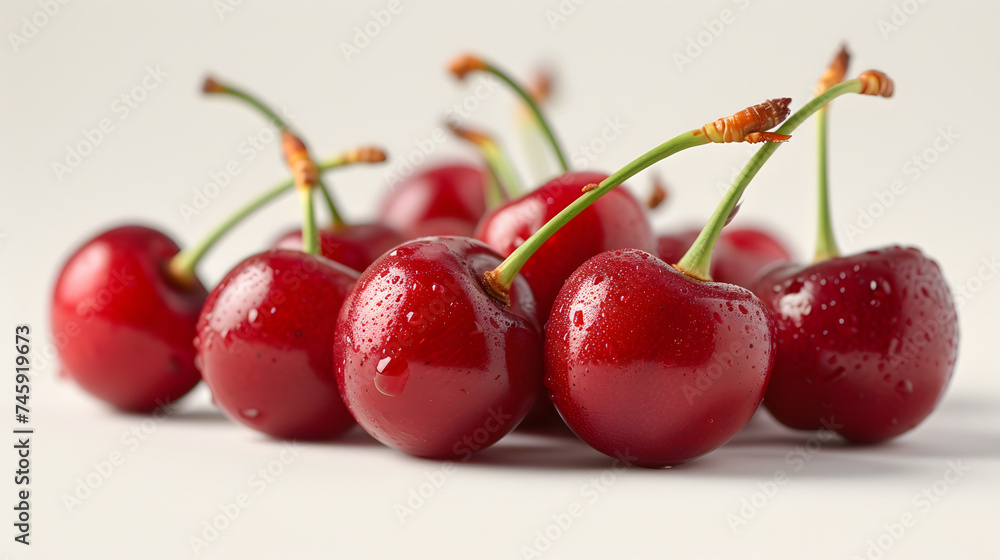 A cluster of ripe cherries with stems. A cluster of ripe cherries with stems.