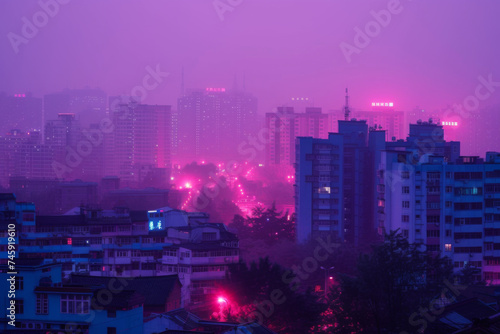 A cityscape in purple and pink lit up at dusk.