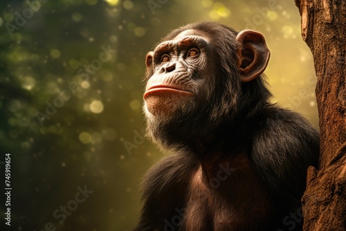 Chimpanzee portrait on nature background.