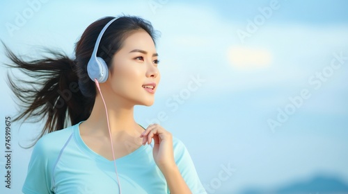 Happy Asian athletic woman listening music on headphones while jogging in the park. Copy space