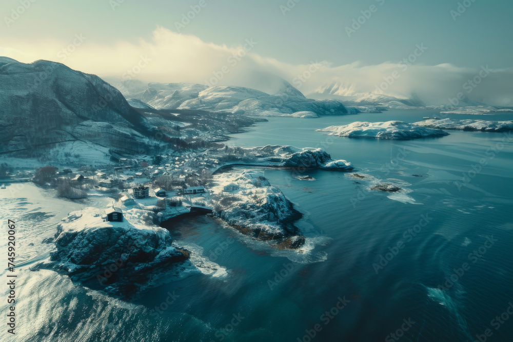 Aerial shot of the frozen mountains.