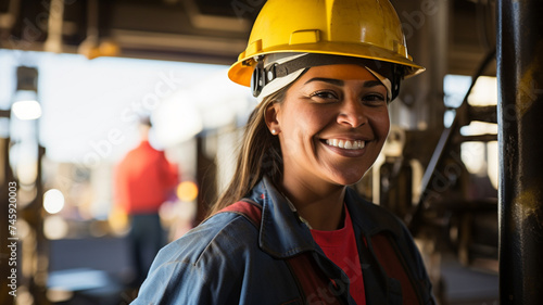Smiling female engineer at front of oil rig. © sema_srinouljan