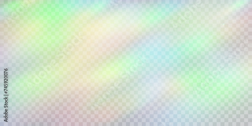 Rainbow light prism effect, transparent background. Hologram reflection, crystal flare leak shadow overlay.