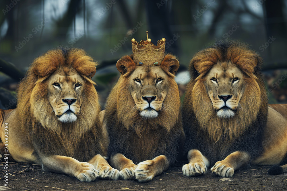a trio of lions resting, middle one donning a kinglike crown a trio of lions resting, middle one donning a kinglike crown