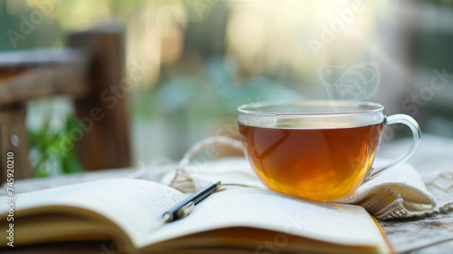 A soft-focus scene of someone writing in a journal, a cup of herbal tea beside them, representing reflection and self-care, blurred background, with copy space
