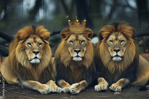 a trio of lions resting, middle one donning a kinglike crown photo