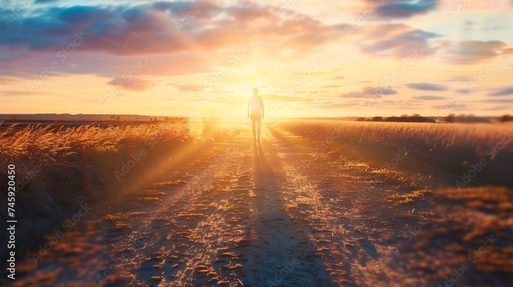An image of a person's shadow extending towards the horizon at sunset, symbolizing self-reflection and the journey of life, blurred background, with copy space