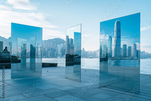 Large rectangular mirrors forming the reflections of tall buildings in an outdoor space.