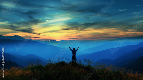 A silhouette of a person holding their hands up to the sky in a mountainous landscape  capturing a moment of liberation and freedom  blurred background  with copy space