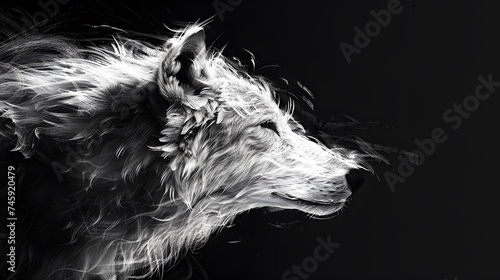 Wolf on black background. Black and white portrait of wolf. Predator series. digital art, generative ai © Ziyan