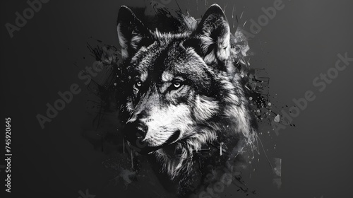 Wolf on black background. Black and white portrait of wolf. Predator series. digital art, generative ai © Ziyan
