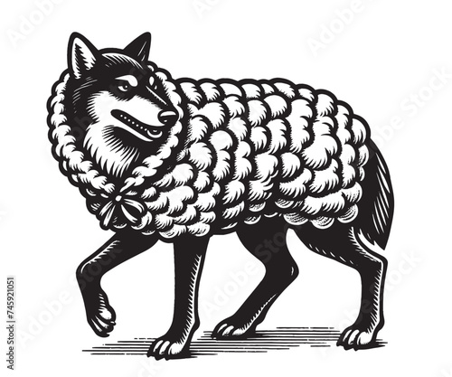A wolf in sheep's clothing. Old vintage engraved black illustration. isolated object