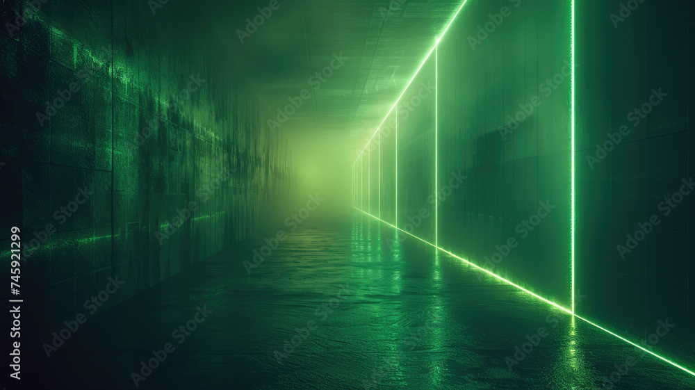 Dark tunnel background, industrial room with green led light, interior of abstract modern hallway or garage. Concept of concrete hall, warehouse, studio, laser, technology - obrazy, fototapety, plakaty 