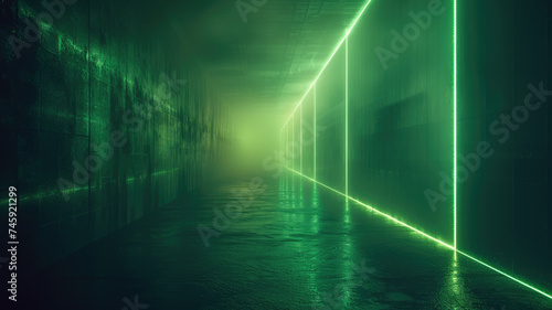 Dark tunnel background, industrial room with green led light, interior of abstract modern hallway or garage. Concept of concrete hall, warehouse, studio, laser, technology photo