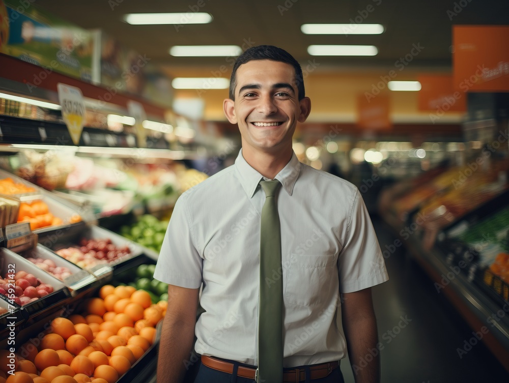 A cheerful salesman standing in a vibrant grocery store, wearing a welcoming smile as he looks directly at the camera, with neatly organized shelves of products in the background.