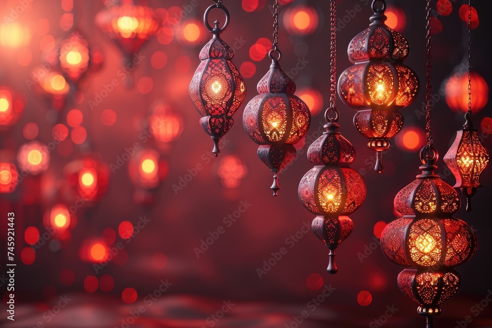 Ramadan theme decorated with glowing lanterns and crescent moon for elegant poster background professional photography Ramadan theme decorated with glowing lanterns and crescent moon for elegant poster background professional photography