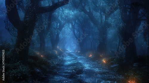 Dark forest background, spooky black trees, path and mystic blue light at night. Landscape of fairy tale woods. Concept of fantasy, nature, Halloween photo