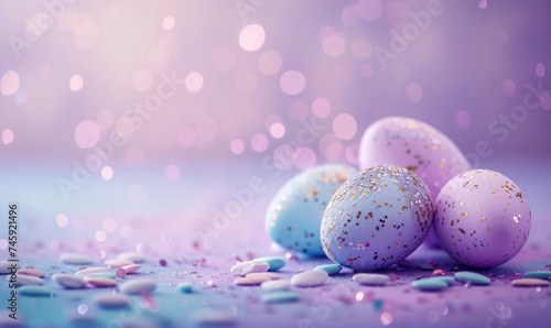 assorted holographic glitter easter eggs with confetti on purple background