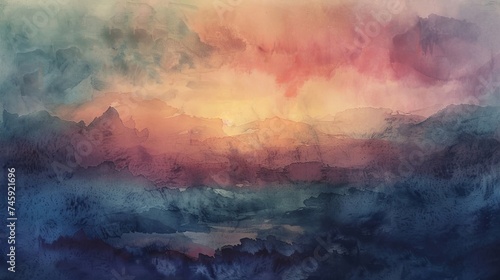 Watercolor Landscape with Warm Sunset Hues and Cool Depths © SpiralStone