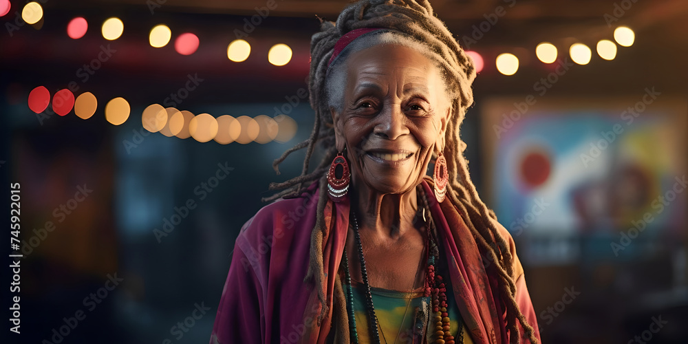 Elderly Woman with Dreadlocks Smiling Warmly in a Vibrant Evening Setting