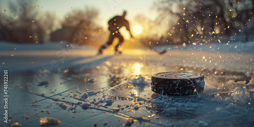 Shot hockey puck speeding down the ice into the goal and splashing water and ice particles flying through the air. Banner with copy space. Hockey world cup theme. © Denis