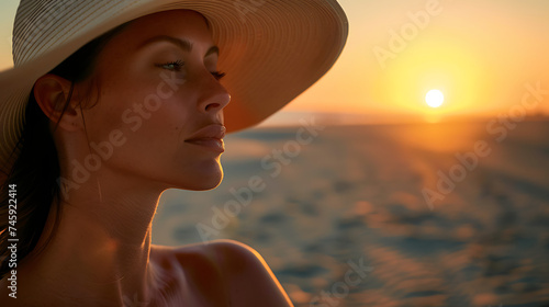 Mulher com chapéu apreciando o pôr do sol em uma praia arenosa sob olhar teleobjetiva criando atmosfera cálida gostosa photo
