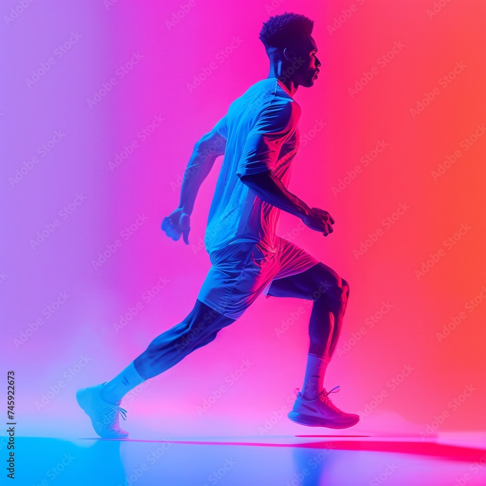 A dynamic image of an athlete mid-sprint, set against a backdrop with striking neon pink and blue lights