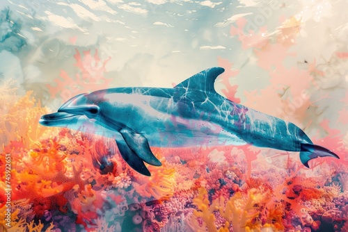 A graceful dolphin merged with the vibrant colors of a coral reef in a double exposure photo