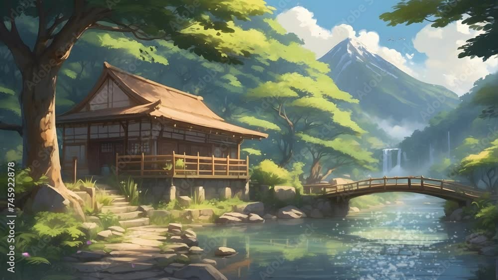  house in a forest with a bridge. seamless looping 4k video animation background