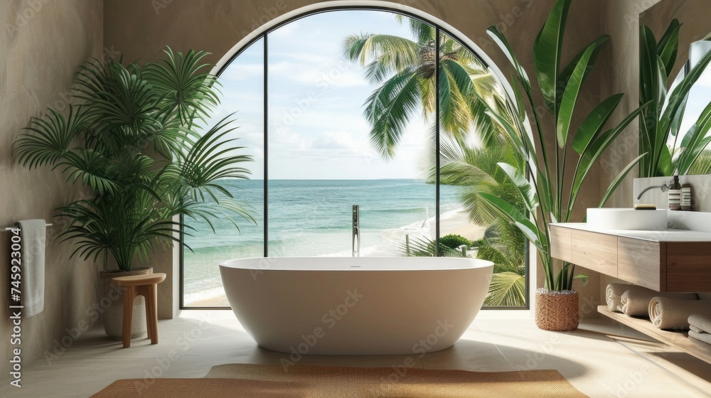 Fototapeta premium close up view of nice big bath in sea view environment